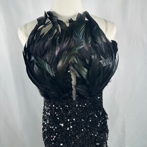 Fashion Nova Luxe Sequin Feather Maxi Dress M Black High Slit Prom Evening Gown
